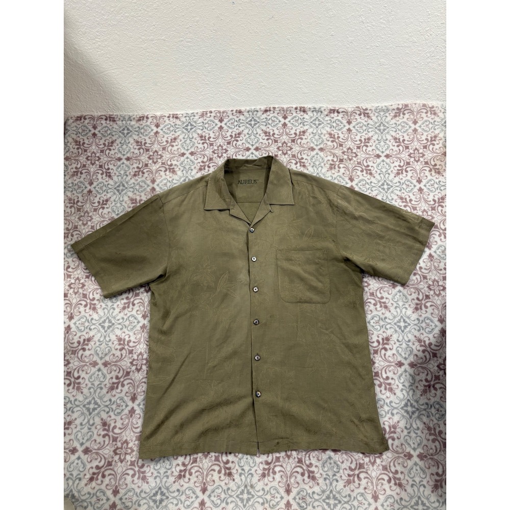 Aureus Mens Silk Cotton Blend Floral Jacquard Camp Shirt Olive Green Large